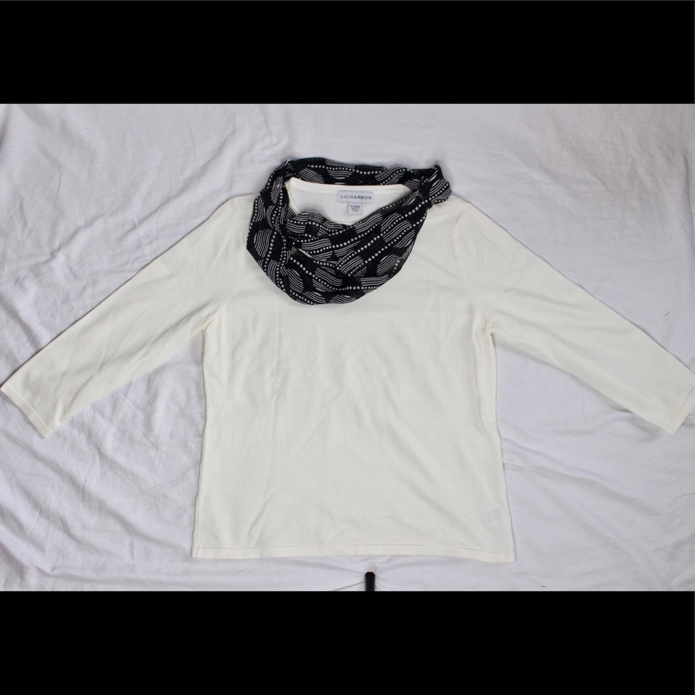 White Long Sleeve T shirt with Scarf